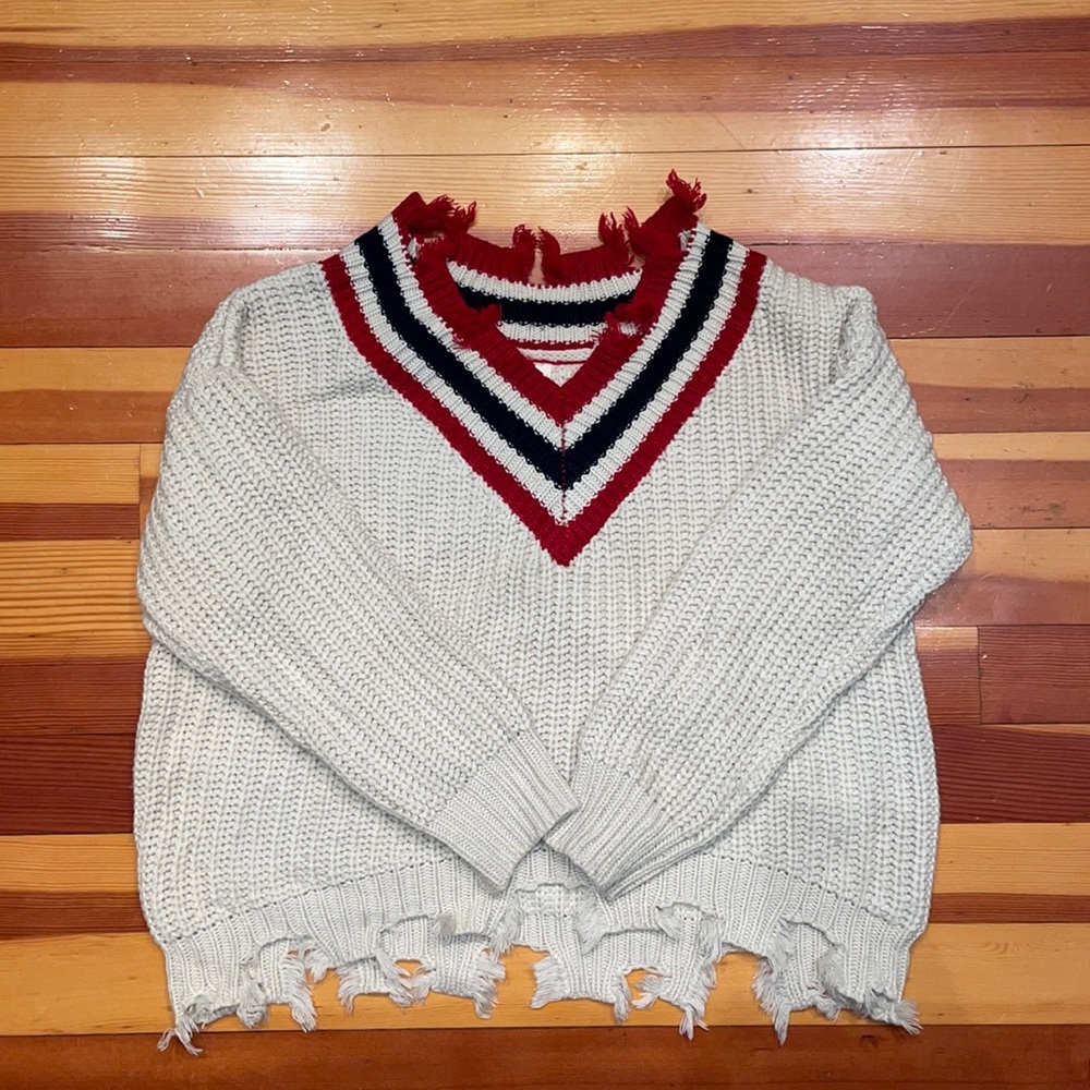 Distressed Sweater -striped neckline